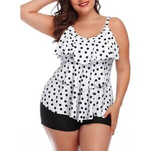 Polka Dot Tankini Swimsuit Set Ruffle Top High Waisted Shorts Size 20W
